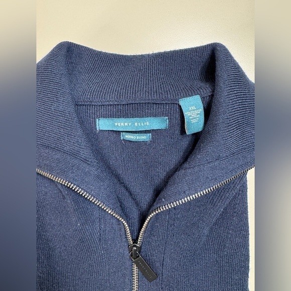 Perry Ellis Sweater Mens 2XL XXL Blue Merino Wool Knit Sweater Casual Full Zip - Picture 2 of 9